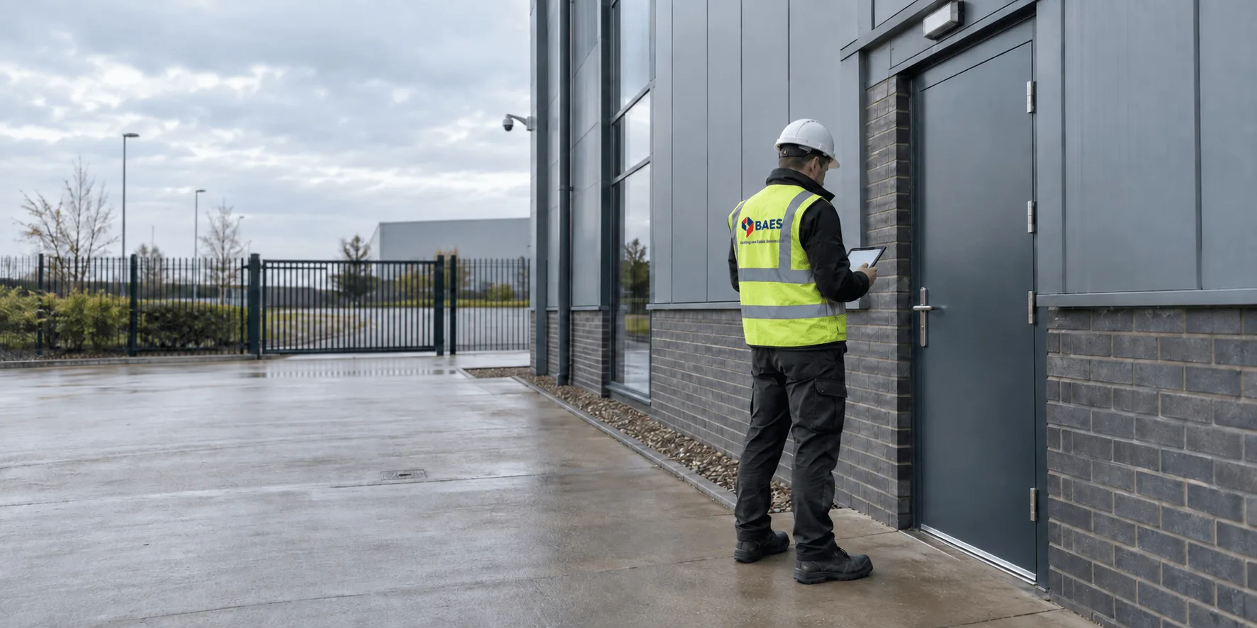 Secure perimeter gate and CCTV cameras protecting a vacant commercial industrial property at dusk