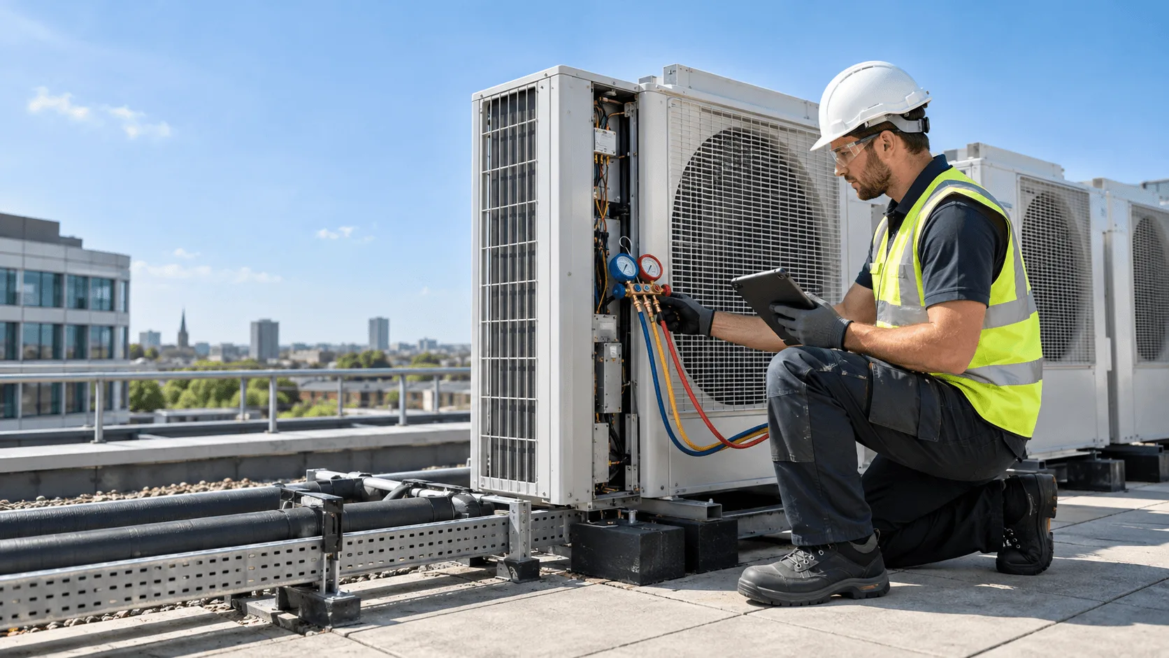 Facilities manager monitoring building temperature on a tablet while office workers struggle with heat — HVAC failure impact on productivity