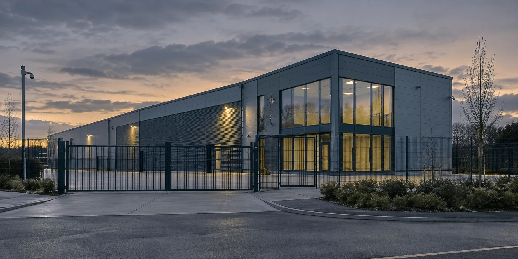Professionally managed vacant commercial property at dusk with secure perimeter gates and CCTV coverage
